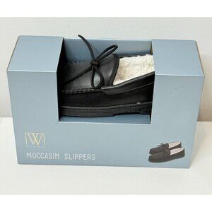 Wayland Square Moccasin Slippers Mens Size L 9 10 Black Faux Leather Faux Fur